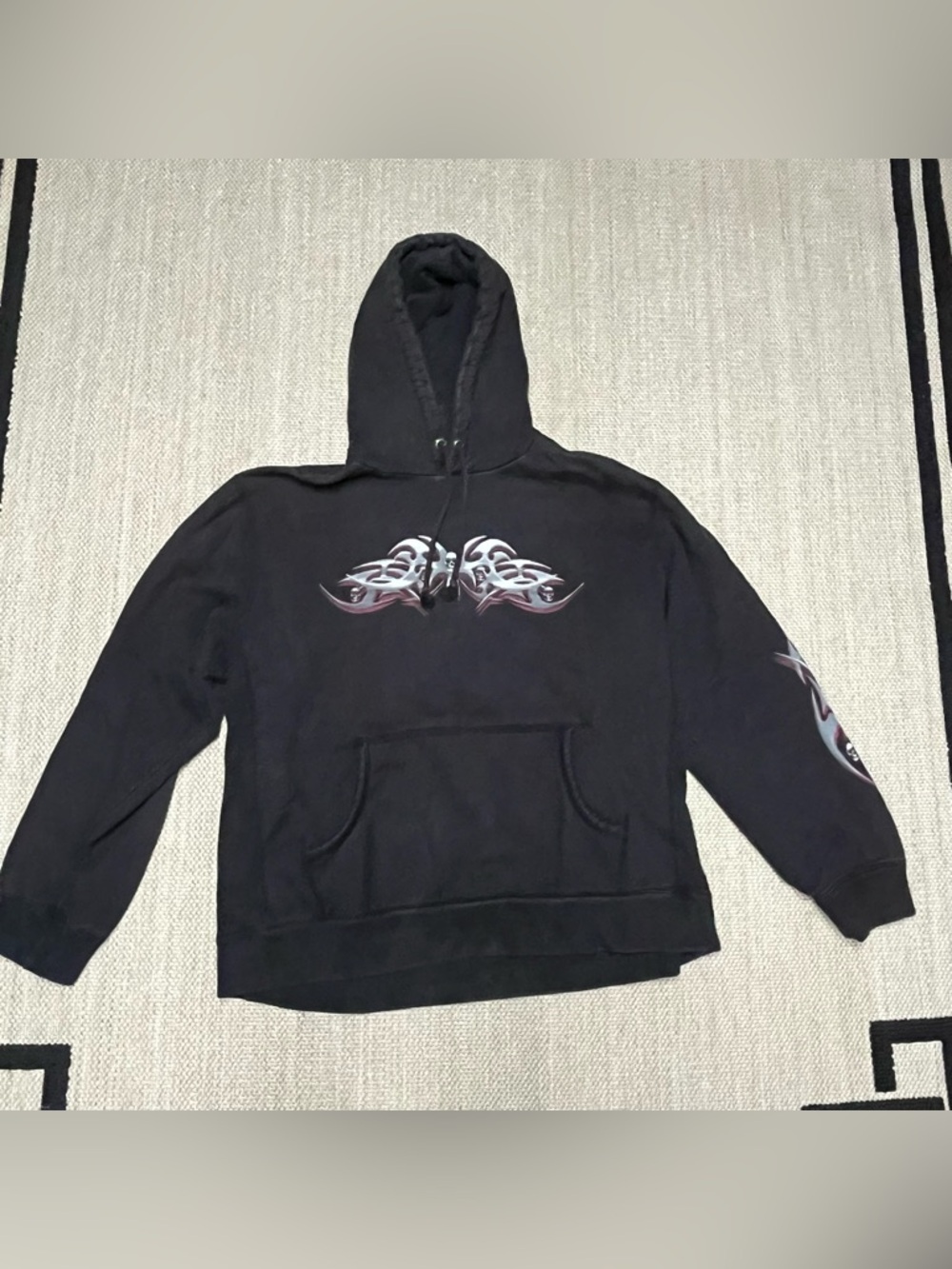 Vintage Streetwear Sonoma Black Hoodie with Tribal Scrolls and Skull, Men's XL